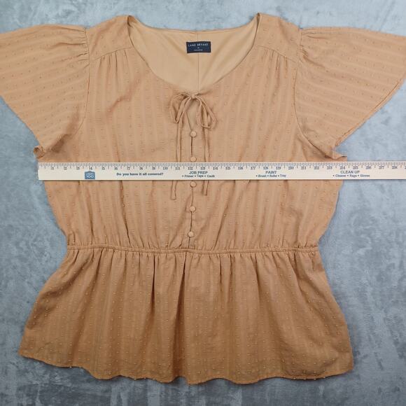 Lane Bryant Women Boho Tie Neck Top Plus Sz 20 Mustard Clip Dot Peplum Coquette - Picture 10 of 11